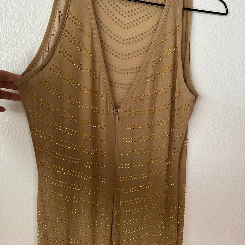 Golden Sheer Gown With Rhinestones Maxi Sleeveless Special Occasions BNWOT